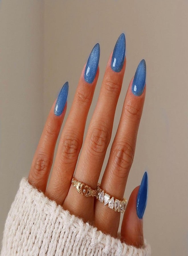 KKUUOO Blue Press on Nails Almond Fake Nails Gradient Acrylic Nails with Glitter Full Cover False Nails Glossy Stick on Nails Reusable Artificial Nails Jelly Press on Nails for Women Girls - Image 1